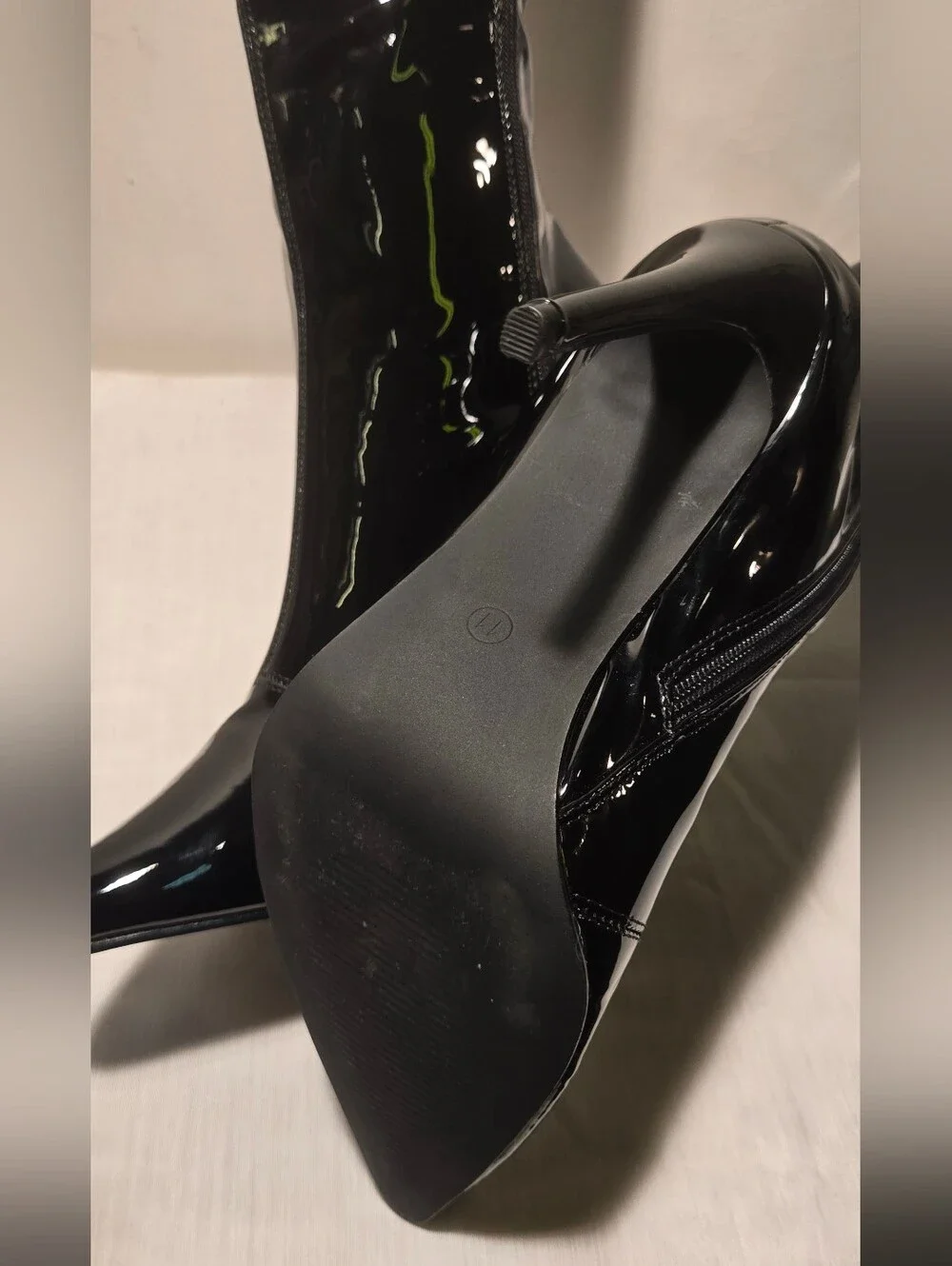 Fashion Nova Black Patent Pointed Toe Knee-High Stiletto Boots.